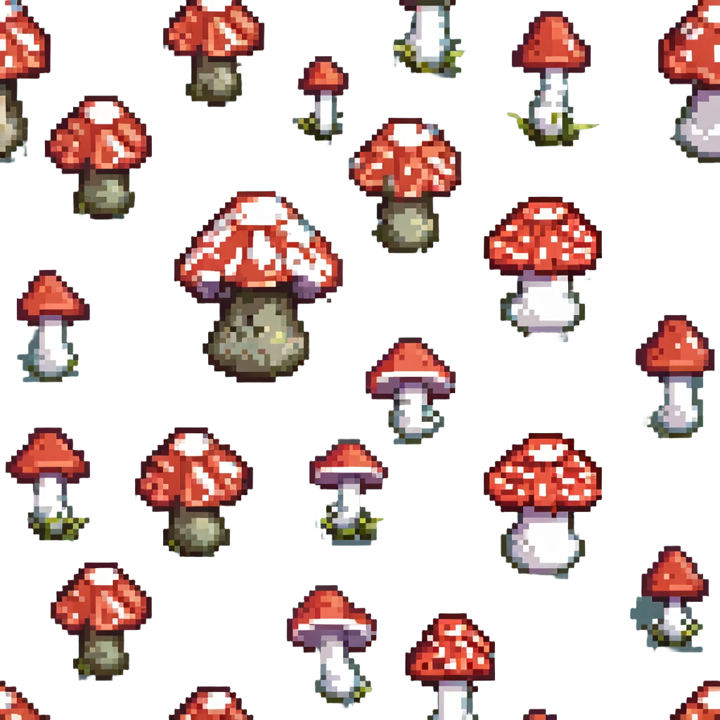 pixel art of a dangerous red-capped mushroom with white spots, classic video game look emoji