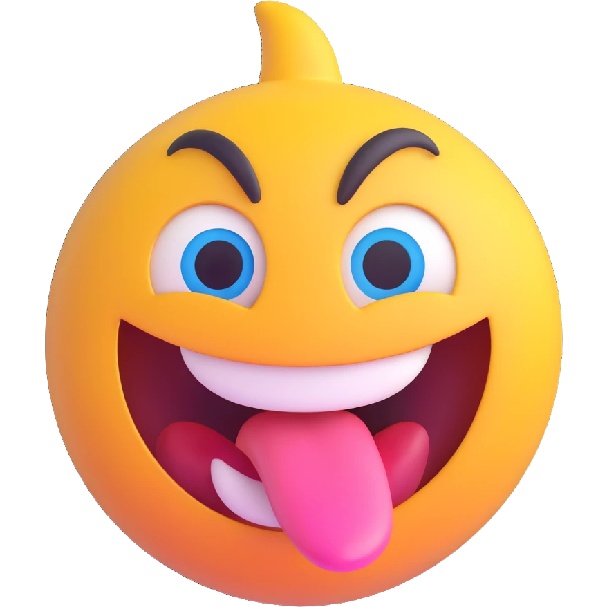 crazy emoji with wild eyes, big grin, tongue out, vibrant colors, shiny and dimensional, front facing emoji