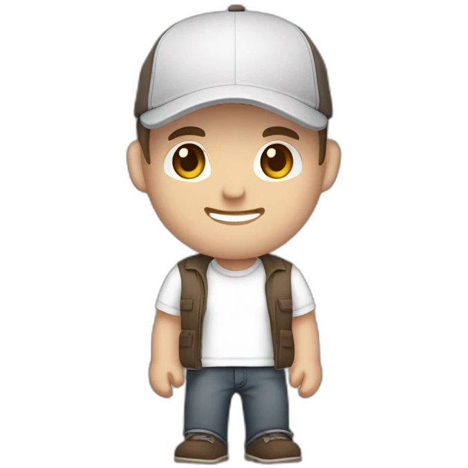 Pale skinned fit Man with dark brown hair in a light gray cap, dark brown jeans, brown polo and white T-shirt keeping a pasted with tape white box into his hands emoji