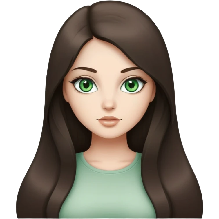 Curvy but beautiful brunette girl, desaturated green eyes, pin straight super long hair, modern style emoji