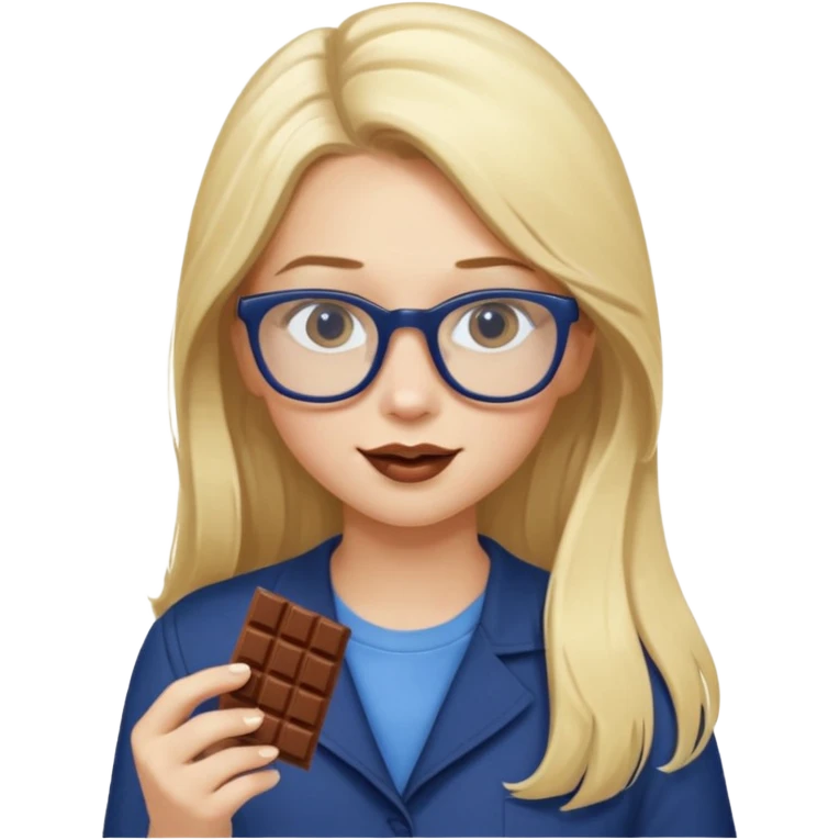 Blonde long haired girl with navy blue framed glasses eating chocolate with blonde eyebrows emoji