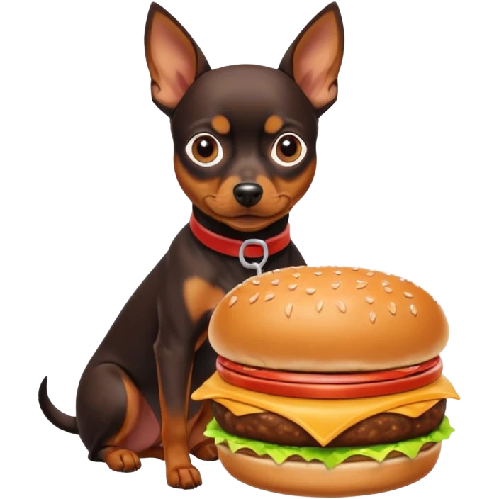Miniature pinscher dog with white paws eating a giant, juicy hamburger emoji