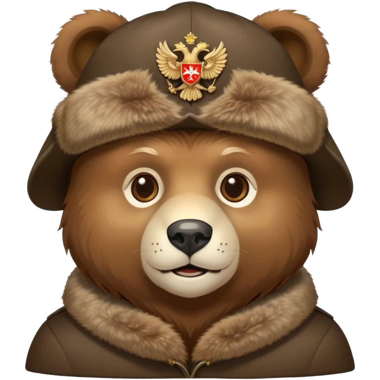 Friendly bear face wearing traditional Russian ushanka hat with double-headed eagle emblem, iOS emoji style emoji