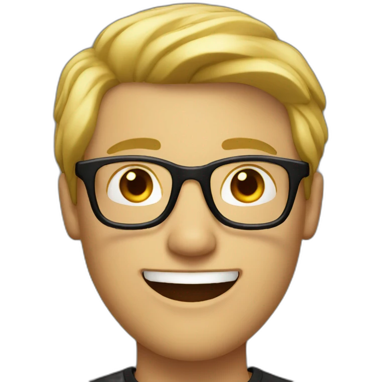 a man with blond hair with black glasses with small smile emoji