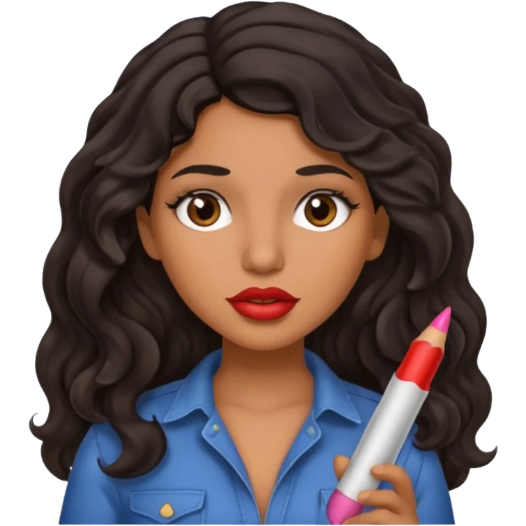 Latina girl with lip liner on her lips and black wavy hair holding a dick emoji
