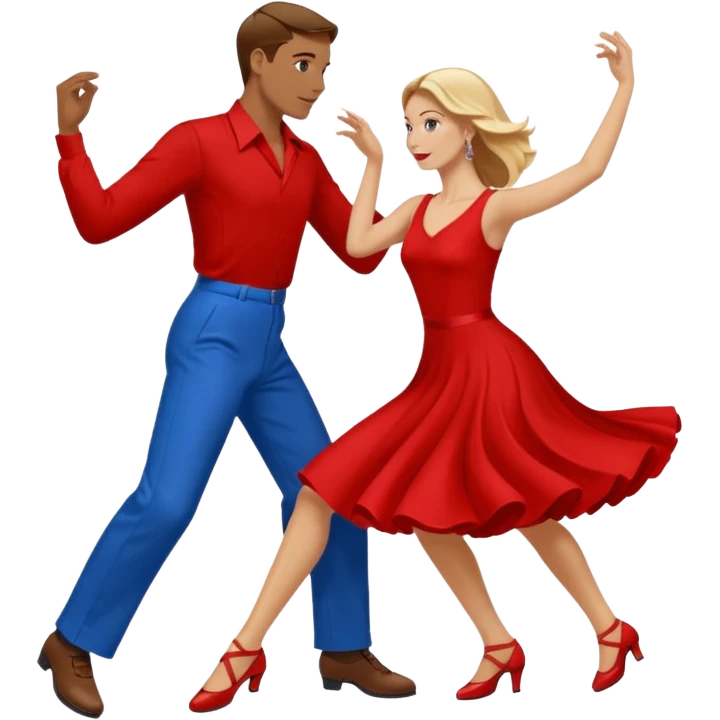 Two people. Man  wearing all red  with brown hair. Women iall blue with blond hair. Swing Dancing.  emoji