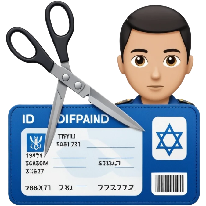 black Scissors cutting an idf soldier ID card in 2 parts .hyper realistic emoji