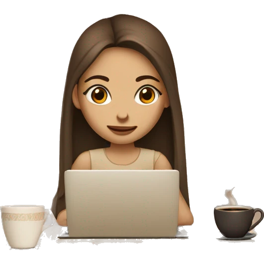 Half face of a girl at the laptop. A a cup of coffee on the left side of the table. Books on the right side. in beige tones emoji