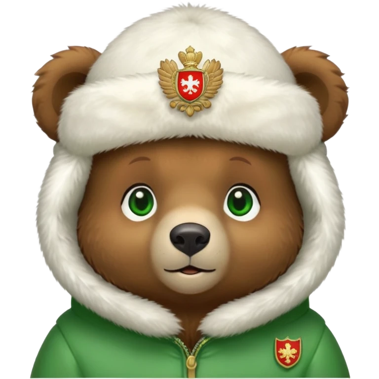 Adorable tiny brown bear face with sweet expression and green eyes, wearing only a white fur ushanka hat with clear Russian coat of arms, no body or clothing visible, iOS emoji style emoji