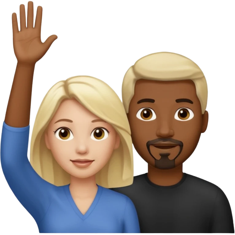 black man with goatee and white woman with blonde shoulder-length hair and brown eyes waving emoji