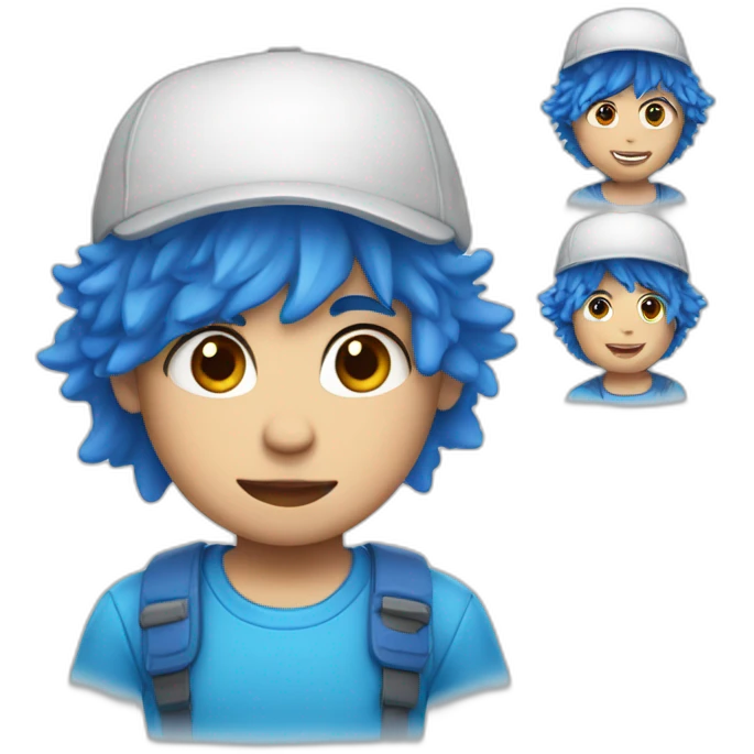 A kid with white skin, Blue messy hair, red cap and a white shirt emoji