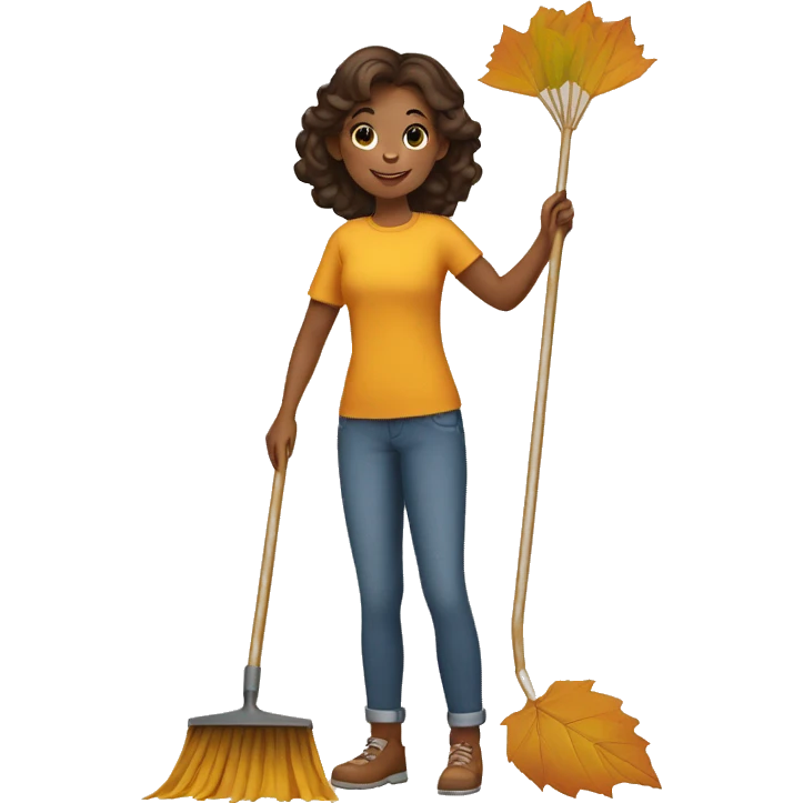 Girl raking leaves with family emoji