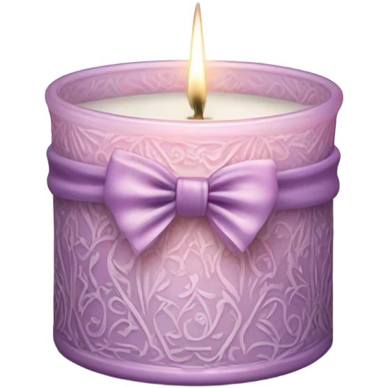 A soft pink candle in an ornate lavender glass holder, tied with a delicate satin bow. emoji