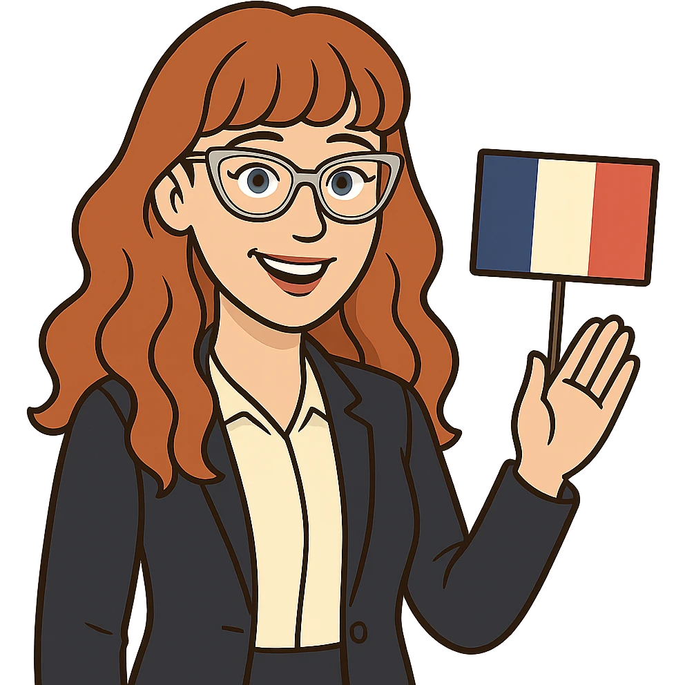 bitmoji style cartoon of a redhead woman with long wavy hair and bangs, wearing cat-eye clear-framed glasses, blue eyes, French teacher, professional and friendly emoji