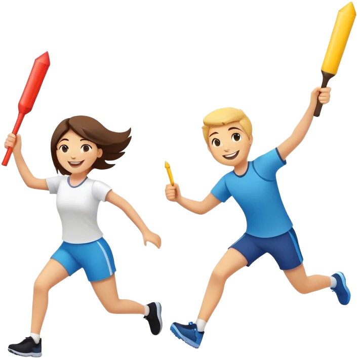 Show two happy team members passing a bright baton in a relay race. One girl, young woman and a young man with all sorts of happy smiley emojis in the air.  Add the words Rejuvenation Break at the top in fun lettering emoji