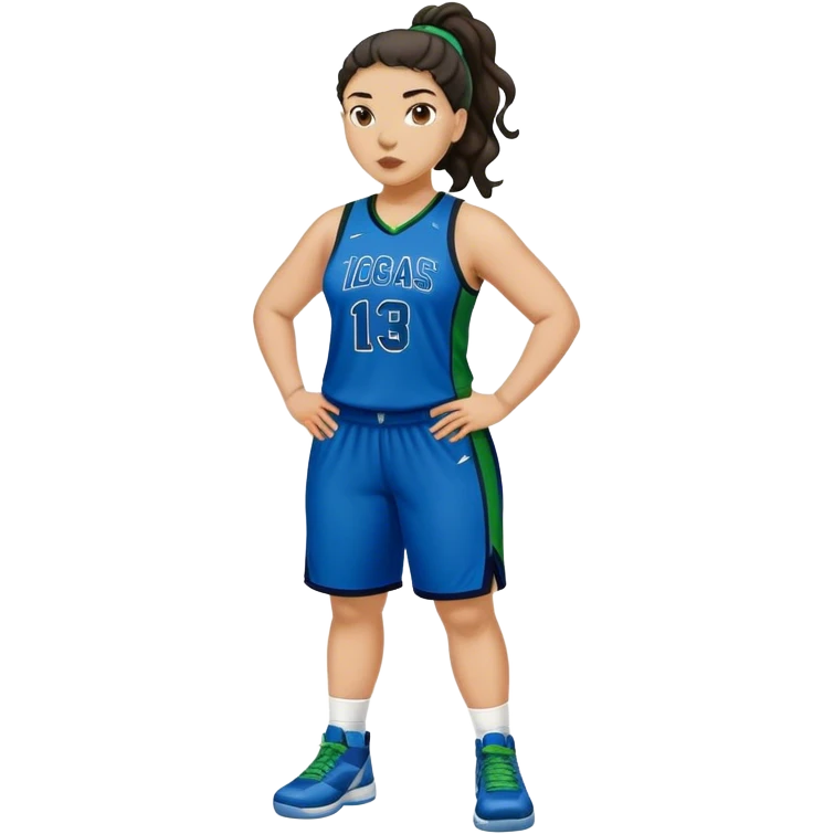 full body plus size light skin  latino women basketball player with wavy dark hair in pony tail wide nose wearing blue uniform with green accent emoji