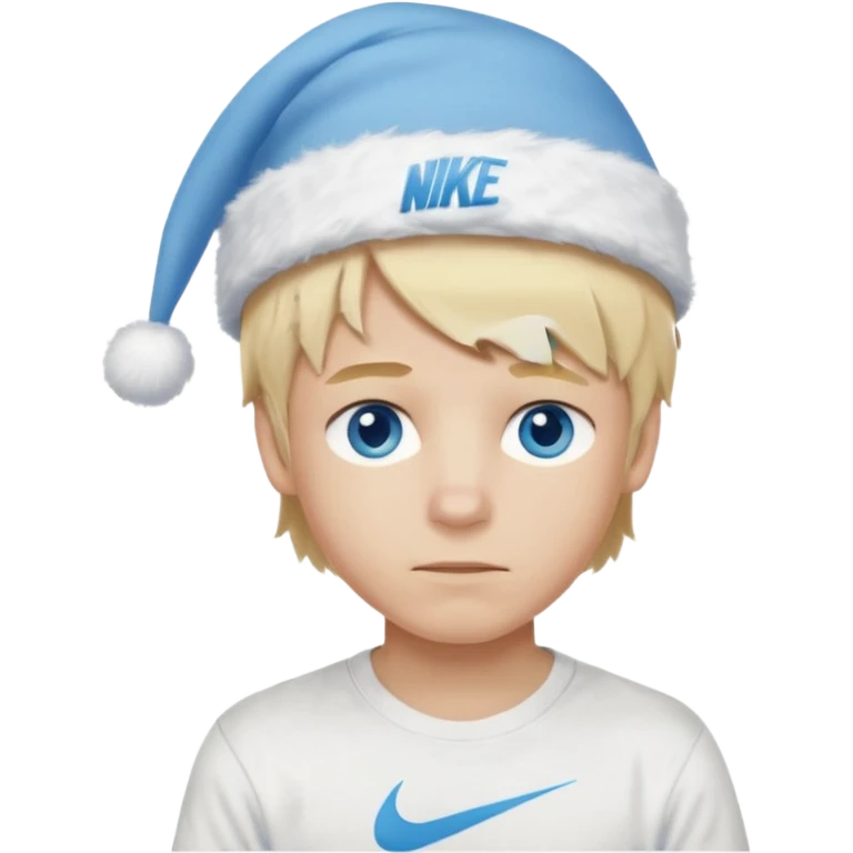 create boy blonde hair long messy, light eyes, white t shirt, rich, long hair, eyes blue, acessory head cristimas blue hat, long hair, t shirt nike emoji