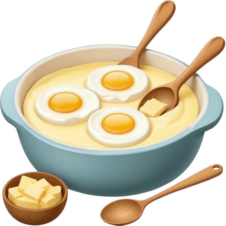 A carton of eggs, butter and a cream ceramic baking bowl with a wooden spoon in it emoji
