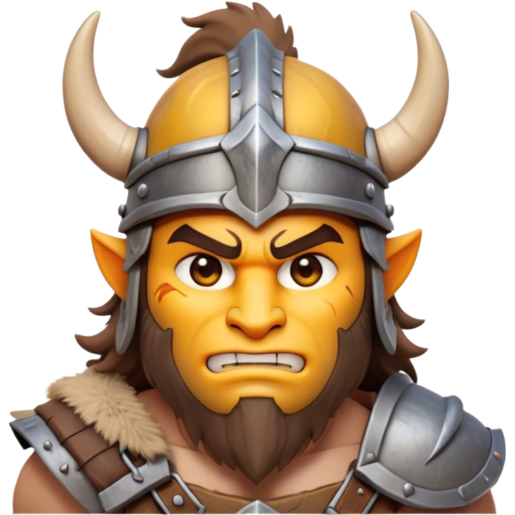 Clash of Clans aesthetic friendly Barbarian Portrait Emoji, Poised and bold with a rugged yet cartoonish build in tattered furs and a horned helmet, his face rendered in a natural skin tone (not yellow), expressive bright eyes and a confident smirk, Simplified yet dynamic features, highly detailed, glowing with a vivid, adventurous aura, high shine, heroic and spirited, stylized with an air of medieval warrior charm, focused and energetic, soft glowing outline, capturing the essence of a fearless barbarian adventurer ready to lead his clan with spirited valor! emoji