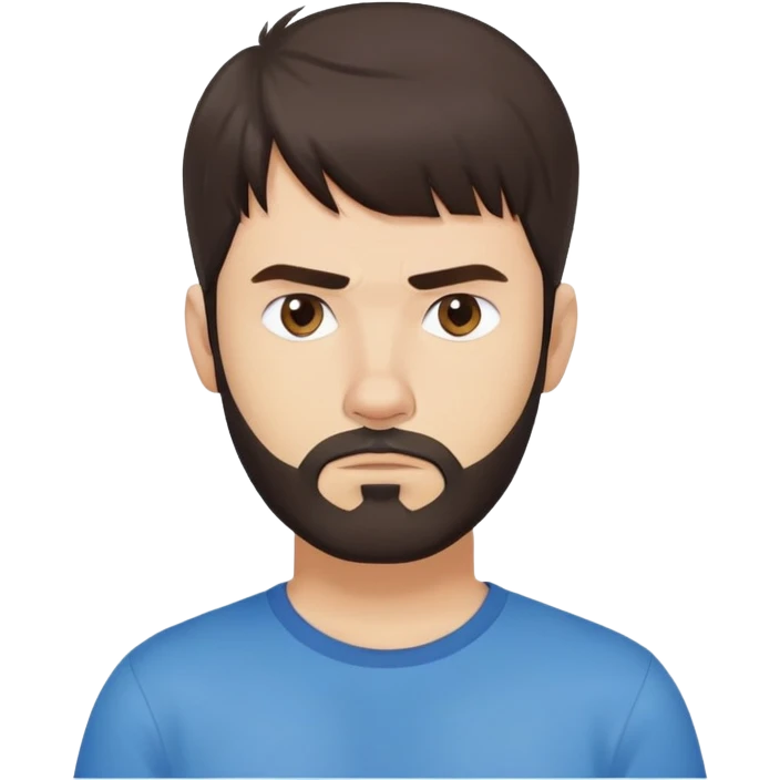 Caucasian Argentine man with straight dark brown hair, loose hairstyle with bangs, short full beard, serious-neutral expression, basic blue t-shirt emoji