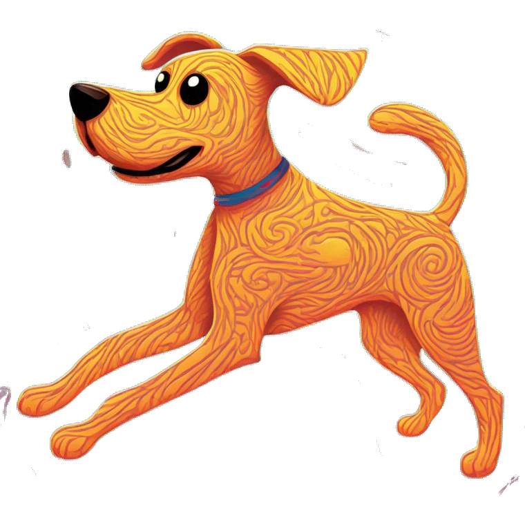 Abstract quirky funky made of different shapes dog running and squiggles linocut multicoloured illustrations  emoji