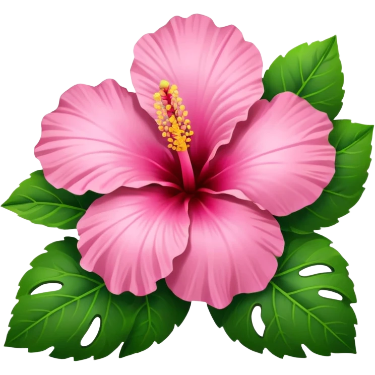 Pink Hibiscus shaped like a heart with green leaves emoji