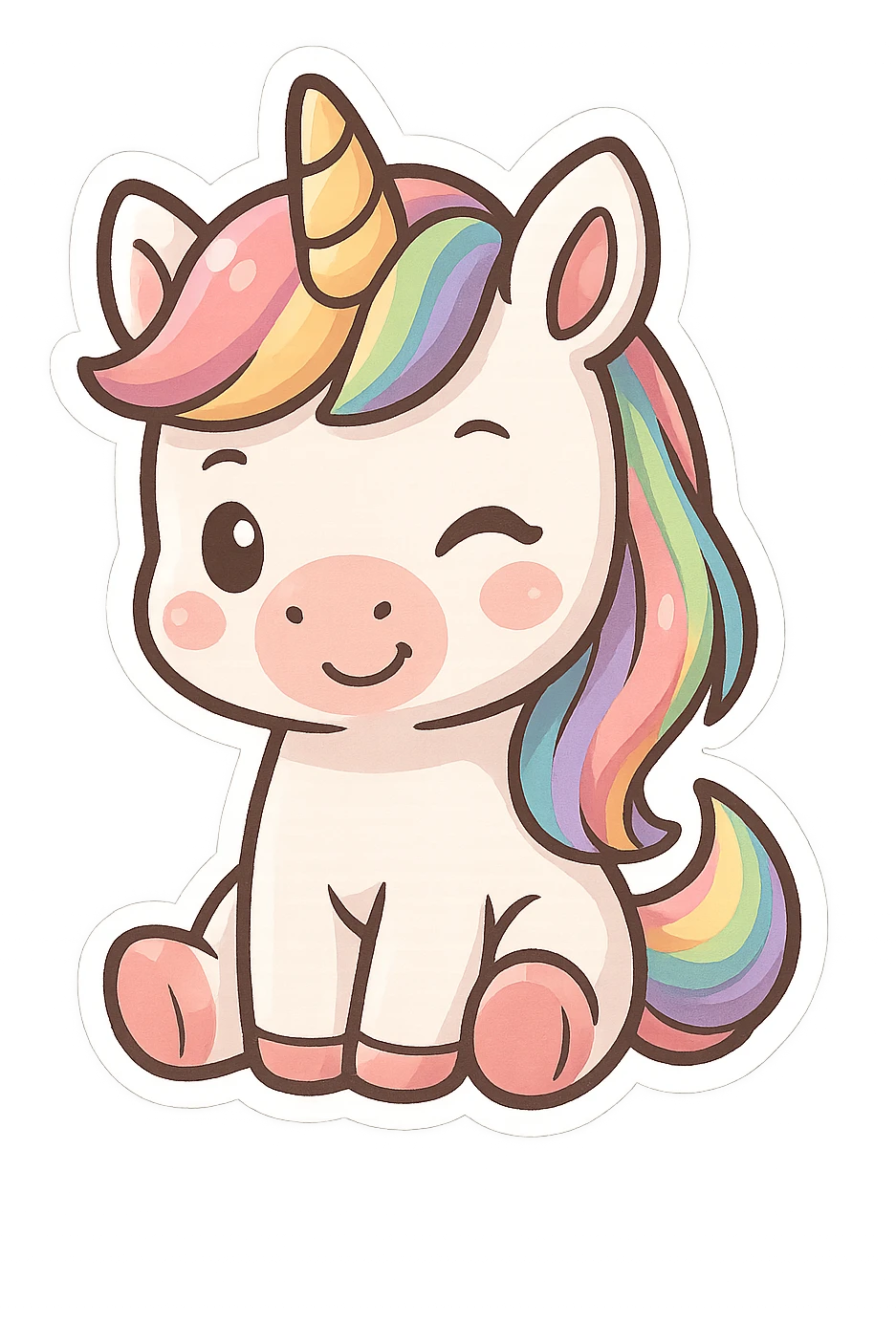chibi sticker-style unicorn with a winking face and rainbow mane, cute and exaggerated emoji