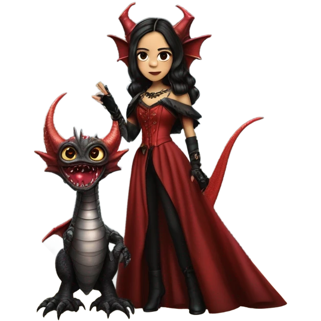 surprised Lavish Victorian evening gown with gloves, Jenna Ortega as Addams girl Jedi wearing a steampunk mini tiara, very large blood red evil-looking horned dragon emoji