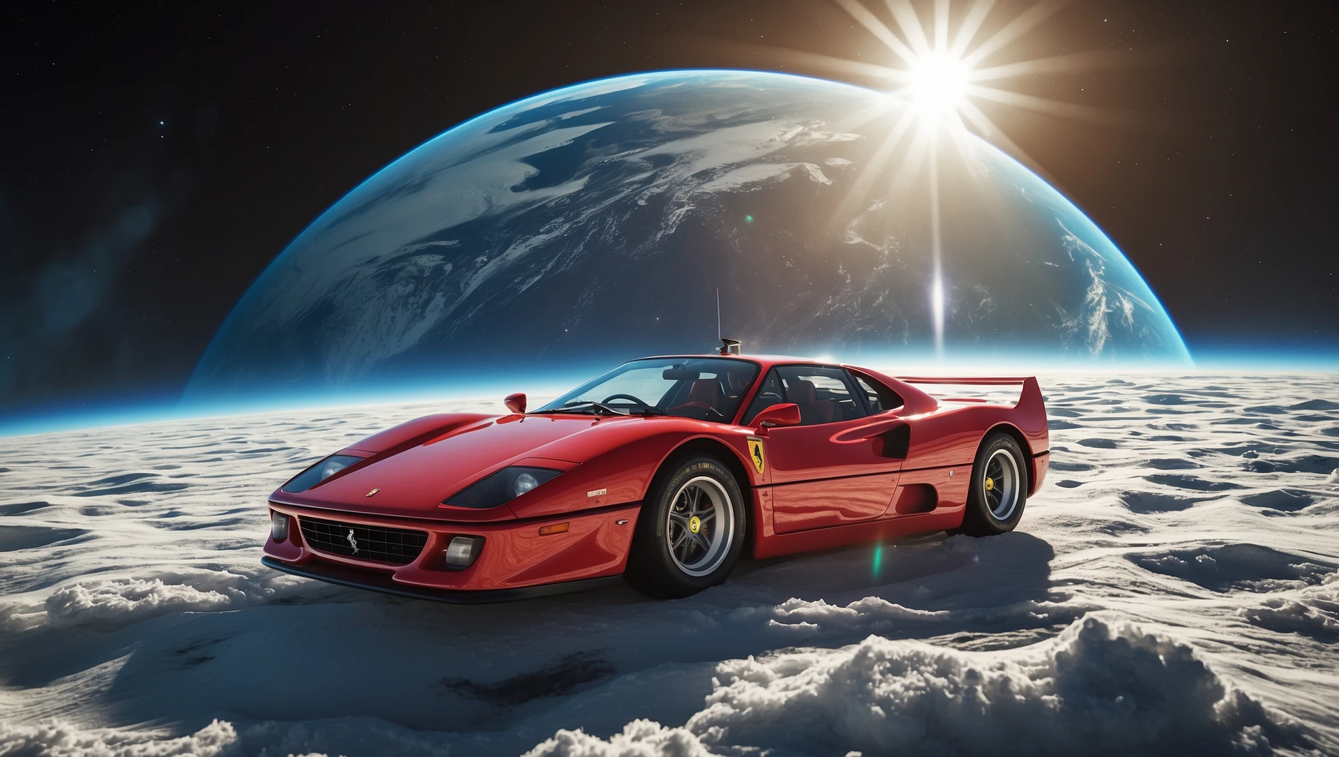 Cinematic still of a ferrari f40 floating in space, shot by space camera connect to spaceship, sun flare, big earth in background, captured by gopro emoji
