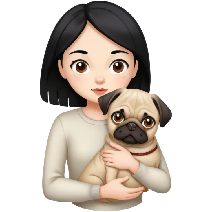 a black hair girl, with brown eyes and white skin carrying her pug  emoji