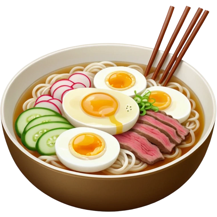 Korean cold noodles naengmyeon in a bowl with clear broth sliced egg beef cucumber and radish emoji
