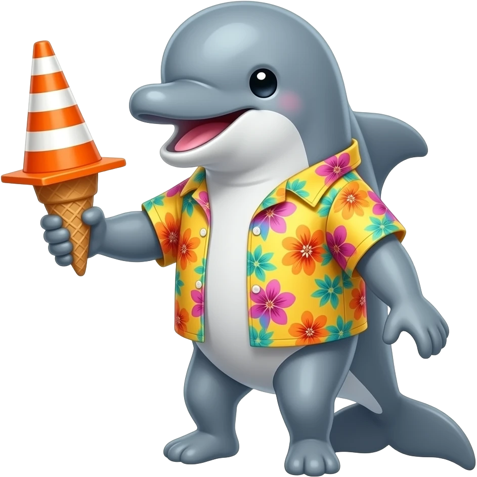 dolphine with an ice cream cone but make it the cone a traffic cone and give him a hawaiian shirt and put pink stars around him emoji