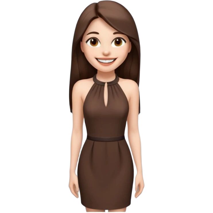 emoji-style illustration of a stylish pretty big smile woman with long straight brown hair, wearing a dark halter neck dress, elegant and minimalistic look, front-facing, soft 3D cartoon rendering, plain background emoji