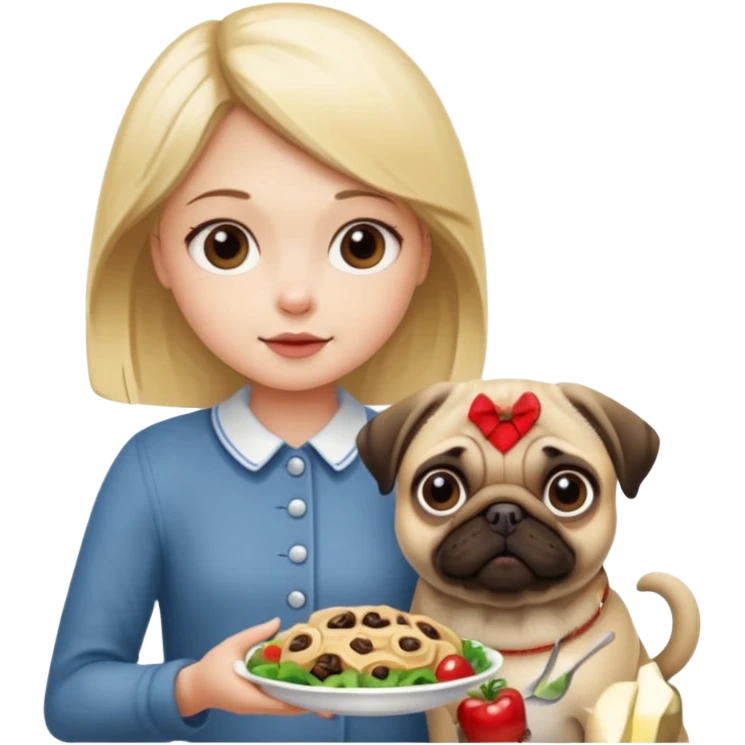 haz una chica rubia dandole comida a su perro pug emoji