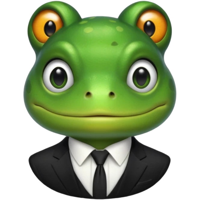 ["Green frog head, dressed in a black suit with a black tie."] emoji