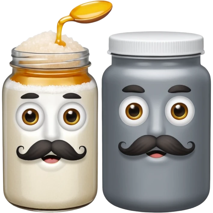 Garama and Madundung are together a gray container of salt and a honey container with a cloth on top. They each have eyes with white in the middle, a mouth, nose, and mustache both customary to their colors. They have hairy legs and emit an aura of salt (Garama), and honey (Madundung). emoji