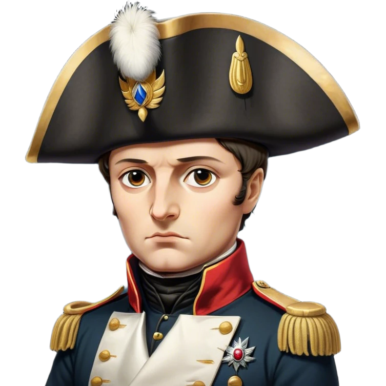 Cinematic Realistic Napoleon Bonaparte Portrait Emoji, depicted as a commanding military leader with a determined gaze and iconic bicorne hat, rendered with dramatic textures and bold historical lighting that captures his imperial legacy. emoji