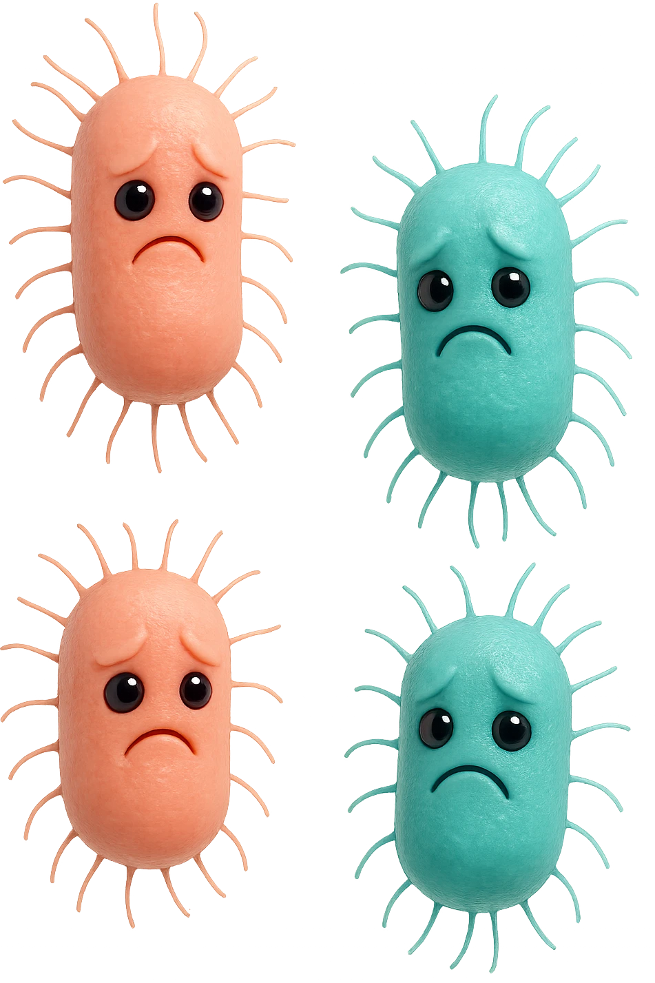 emoji stile iphone di batteri intestinali rosa salmone e turchesi con espressione triste che fluttuano in aria, iperrealistico 4k, isolato su sfondo bianco emoji