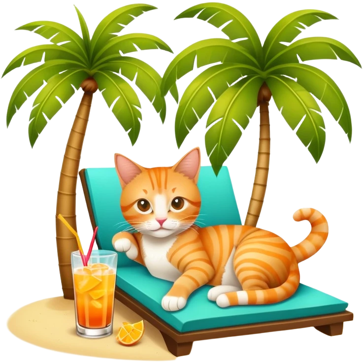Orange tabby cat lounging under a palm tree with a mai tai tropical drink emoji