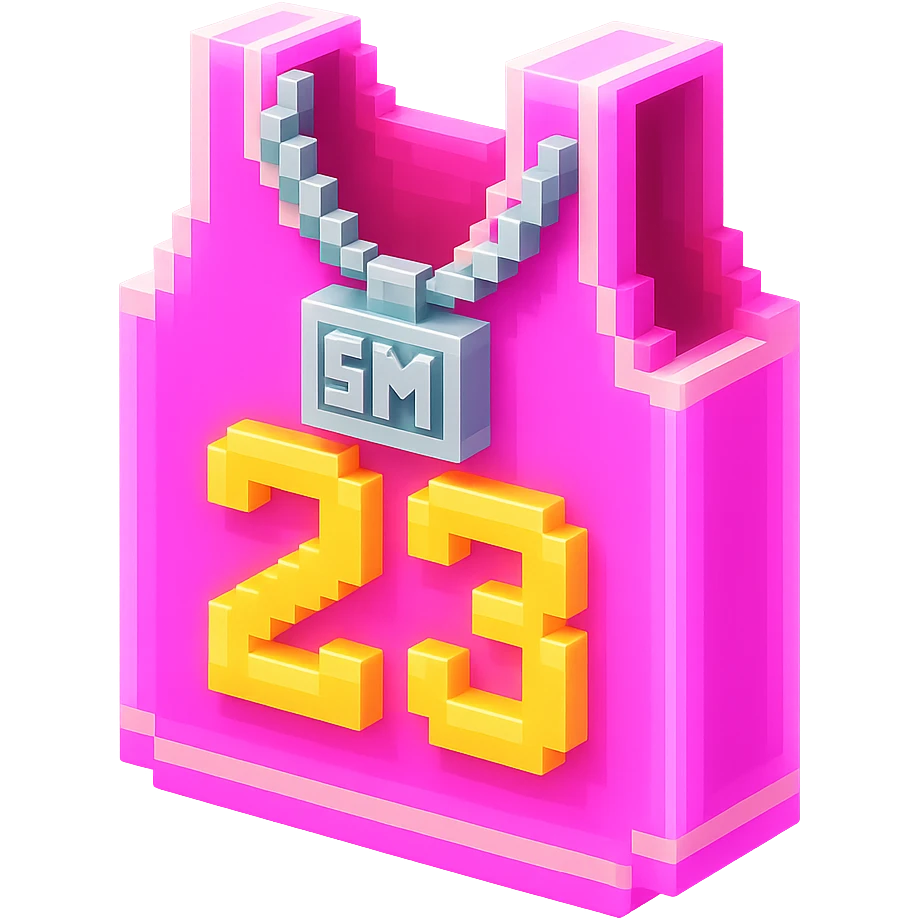 светящейся розовая баскетбольная майка с надписью "23" и серебряная цепь с надписью "SM", no background emoji