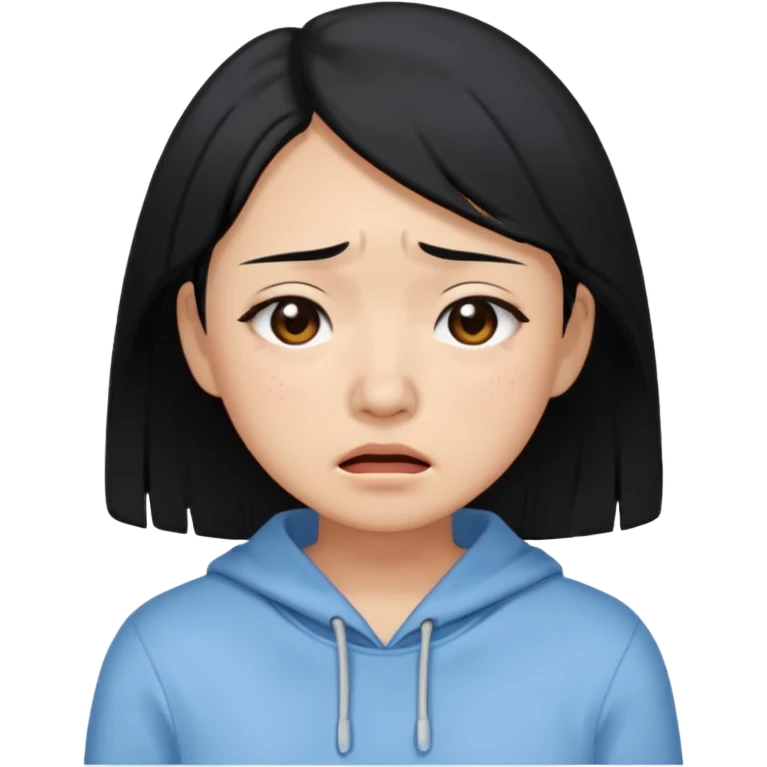 A crying East Asian woman with black hair, wearing light blue clothing. Her skin appears dry. emoji