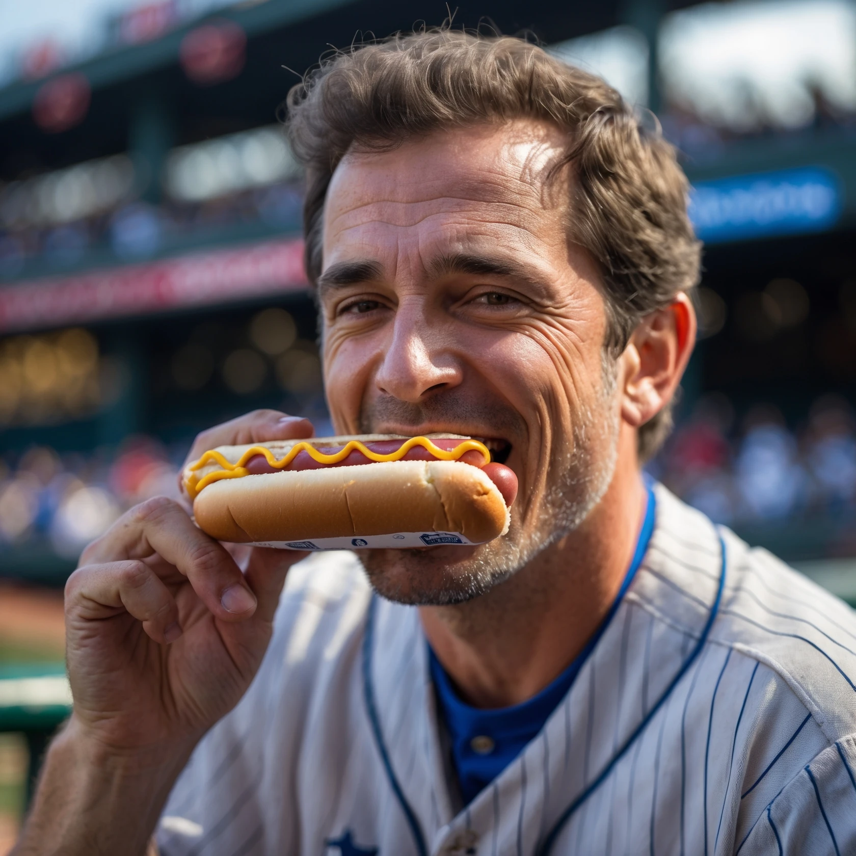 man eating a hot dog at a baseball game emoji