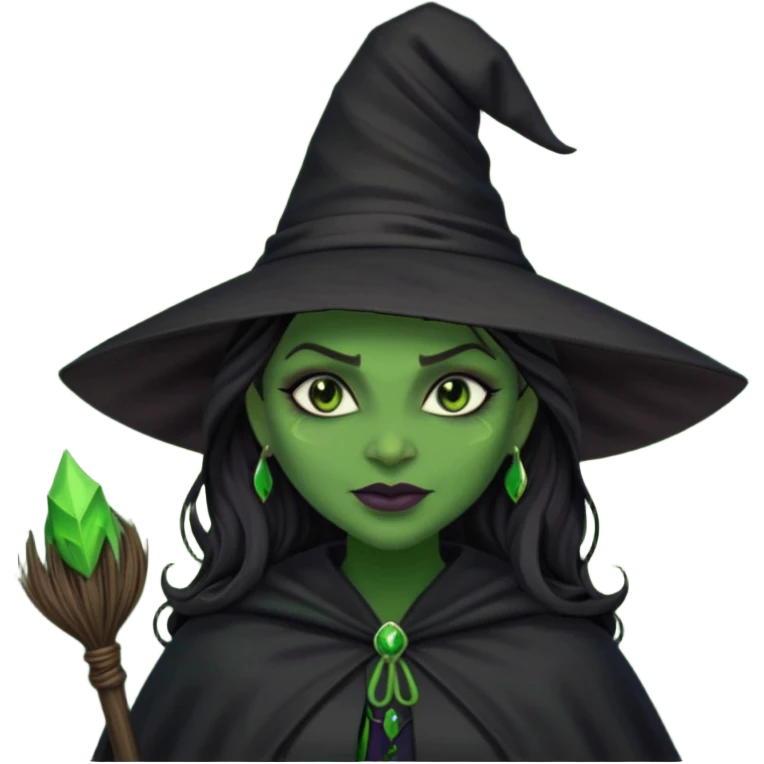 elphaba wicked witch with broom close up, evil dark coily long dark hair, green skin, thick green lips, cheekbones, smirk evil menacing cythia erivo dark aesthetic black hat cloak dark broom emoji
