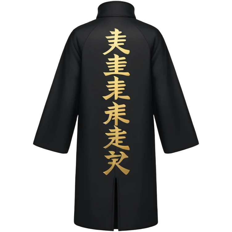 A long black anime style coat with a straight silhouette, reaching below the knees. On the center of the back, bold vertical golden Japanese kanji characters are printed glowing slightly against the dark background. The coat has a high collar and long sleeves. emoji