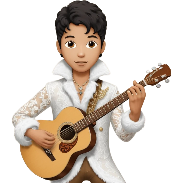 Cinematic realistic portrait of Singer Prince in a guitar pose in white lace and fur from the Round the World in a Day album tour emoji
