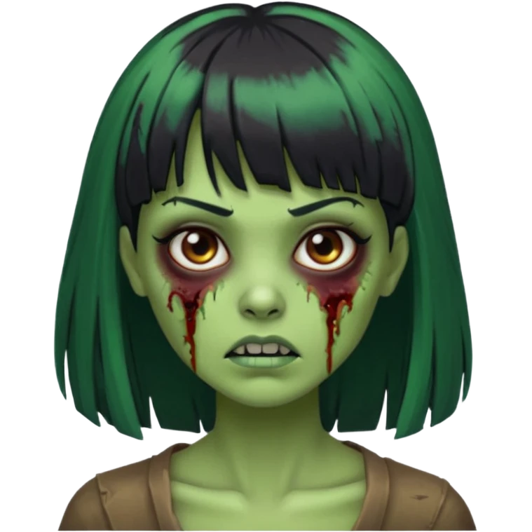 Uma zumbi com os cabelos pretos, mediano, liso e com franja, olhos castanhos emoji