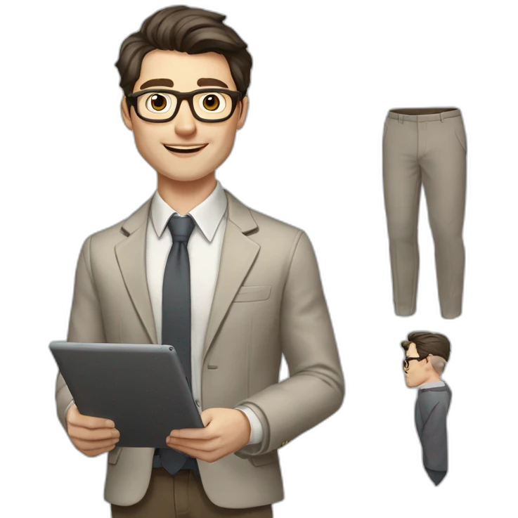 Pale skinned fit man with dark brown hair in gray jacket, beige office shirt, brown tie, brown pants and vintage glasses Writing on the tablet emoji