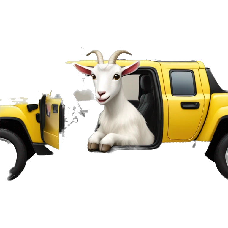 Goat in black puffy jacket driving hummer ev emoji