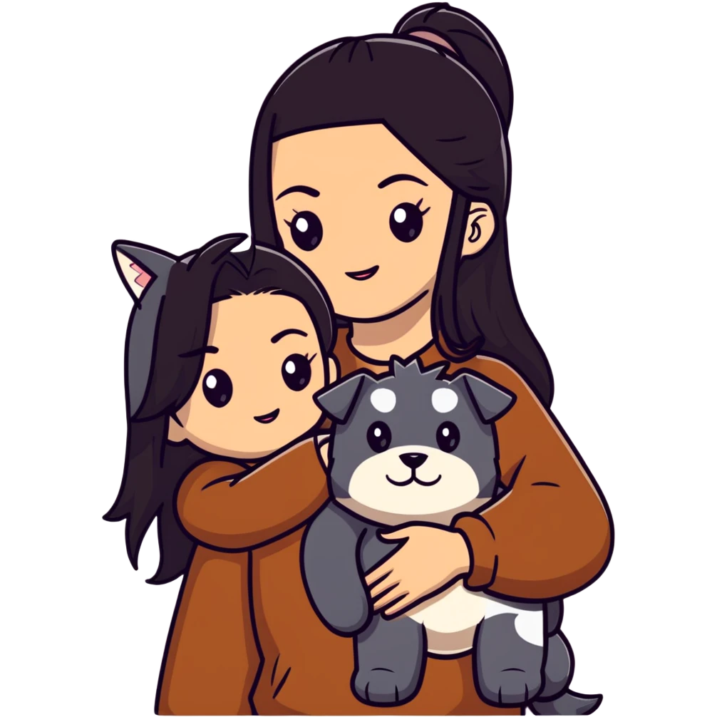 Kendall Jenner with long dark hair holding a brown teddy bear, a black schnauzer and a cow cat in her arms emoji