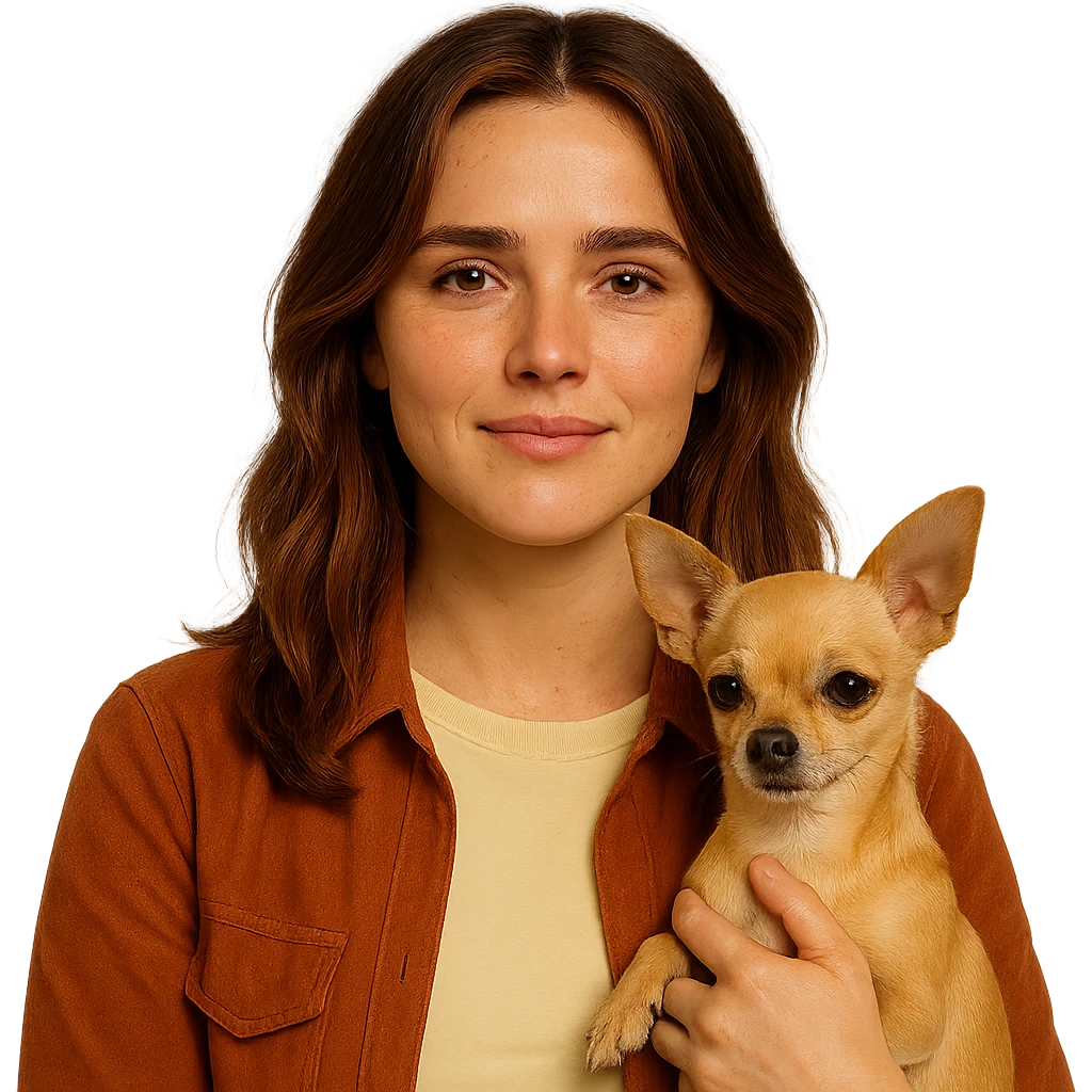 Centered portrait for Instagram profile picture inspired by the facial features visible in the reference images. Tanned complexion with subtle freckles, wearing a shirt colored #FFF8CA and a rust-colored jacket. Medium-length brown hair with auburn highlights. Expression is relieved and calm. Holding a beige-brown chihuahua. Style inspired by a Netflix series, intimate Tenerife ambiance, transparent background. emoji